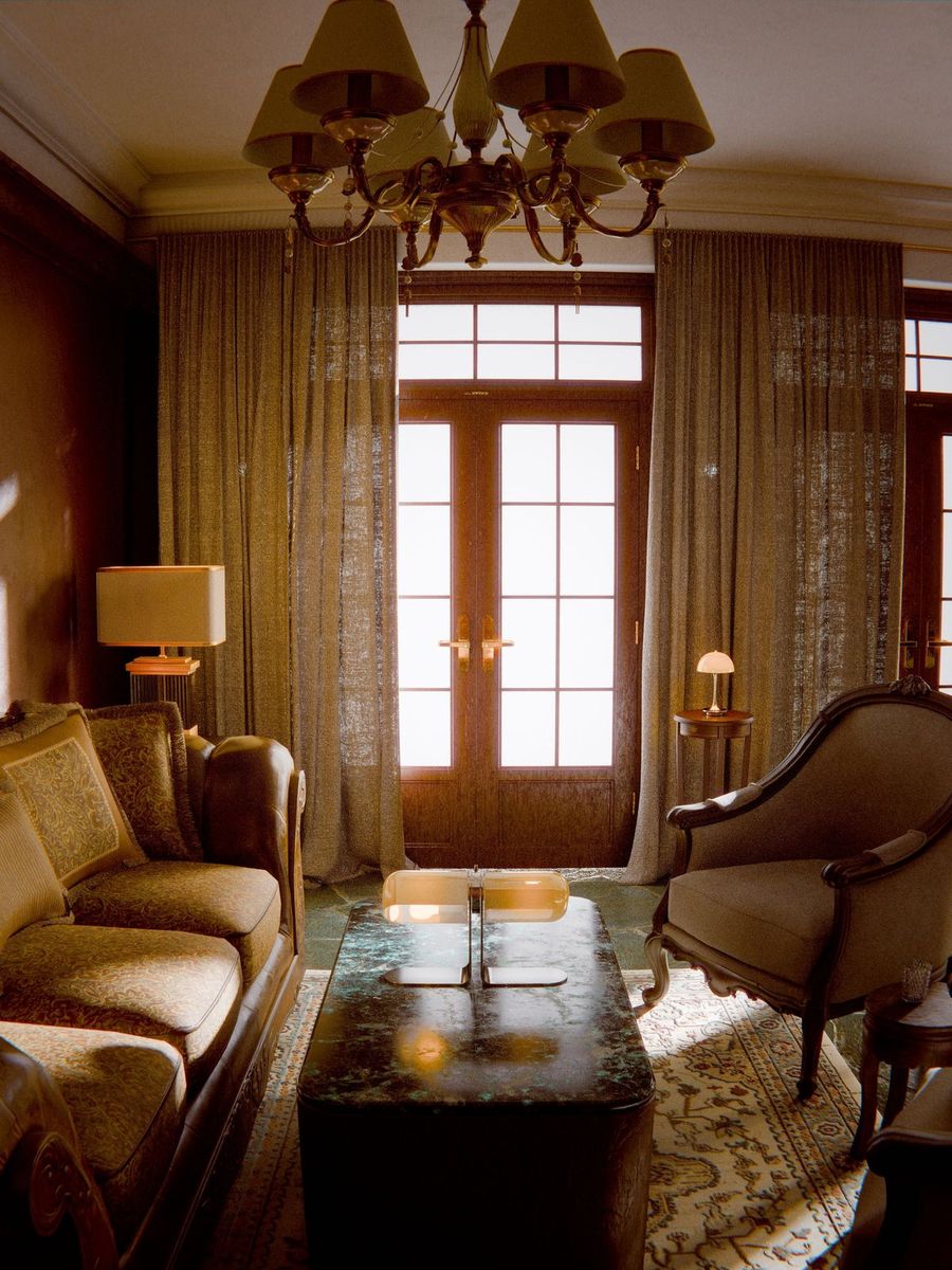 Elegant traditional living room with warm lamp and chandelier lighting
