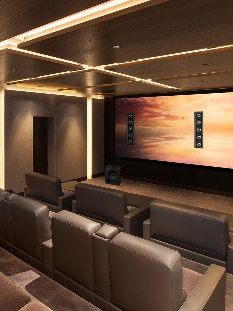 Dedicated home theater with tiered leather seating, acoustic wall panels and a wide cinema screen